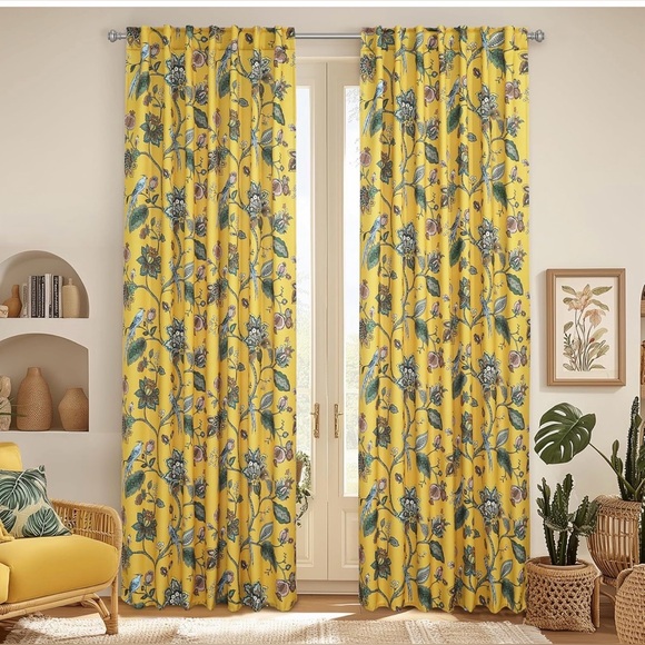 Other - Botanical Print Yellow Window Curtains - Floral Drapes